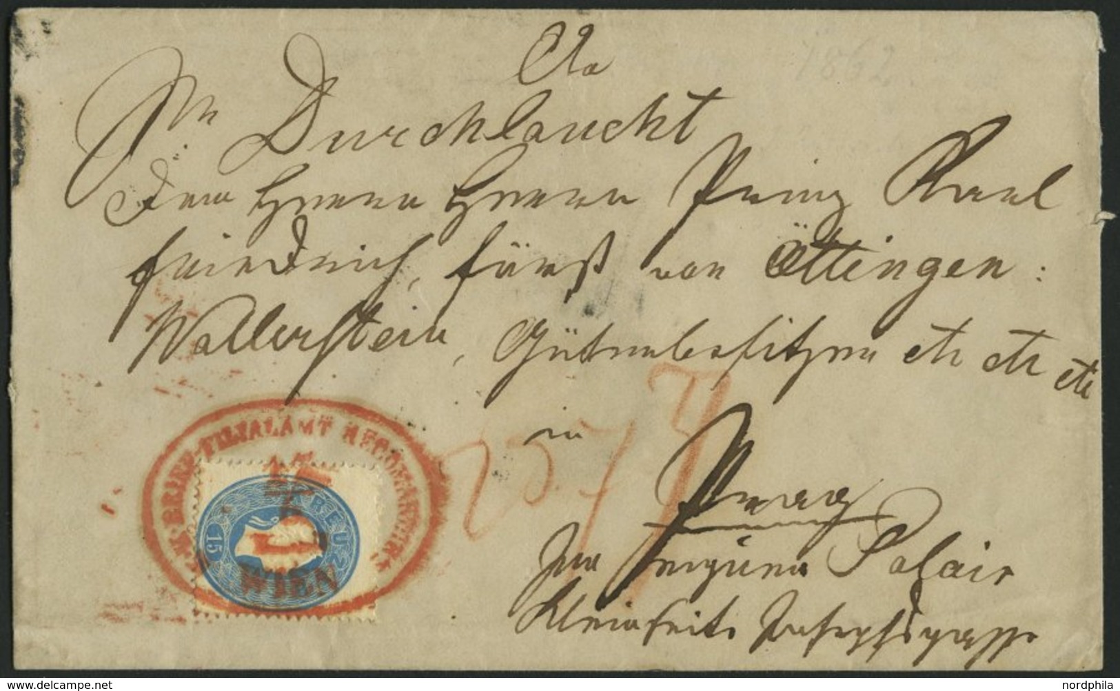 ÖSTERREICH 21/2 BRIEF, 1860, 15 Kr. Blau Und Rückseitiges Reco-Porto 1o Kr. Braun Auf Brief Mit Roten Oval-K1 K.K. BRIEF - Gebraucht