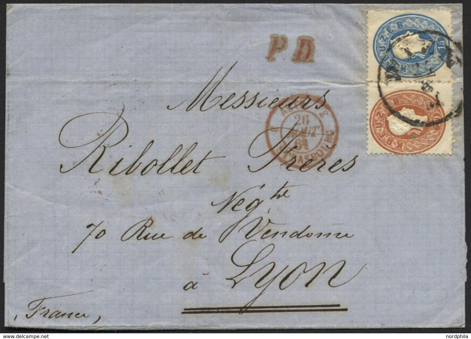 ÖSTERREICH 21/2 BRIEF, 1861, 10 Kr. Braun Und 15 Kr. Blau Auf Brief Von WIEN Nach Lyon, Pracht - Gebraucht