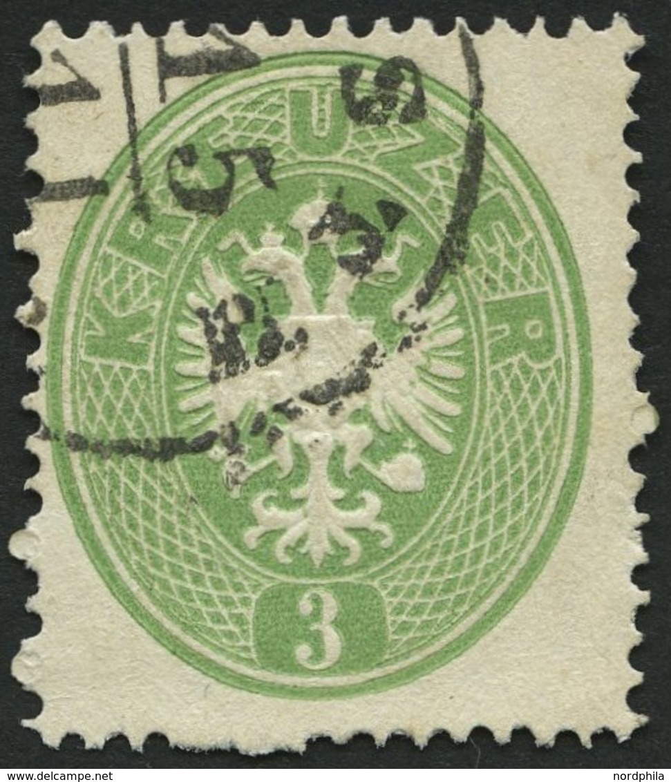 ÖSTERREICH 25 O, 1863, 3 Kr. Grün, Ca. 4-5 Ausgefallene Zähnungslöcher, K1, Pracht - Gebraucht