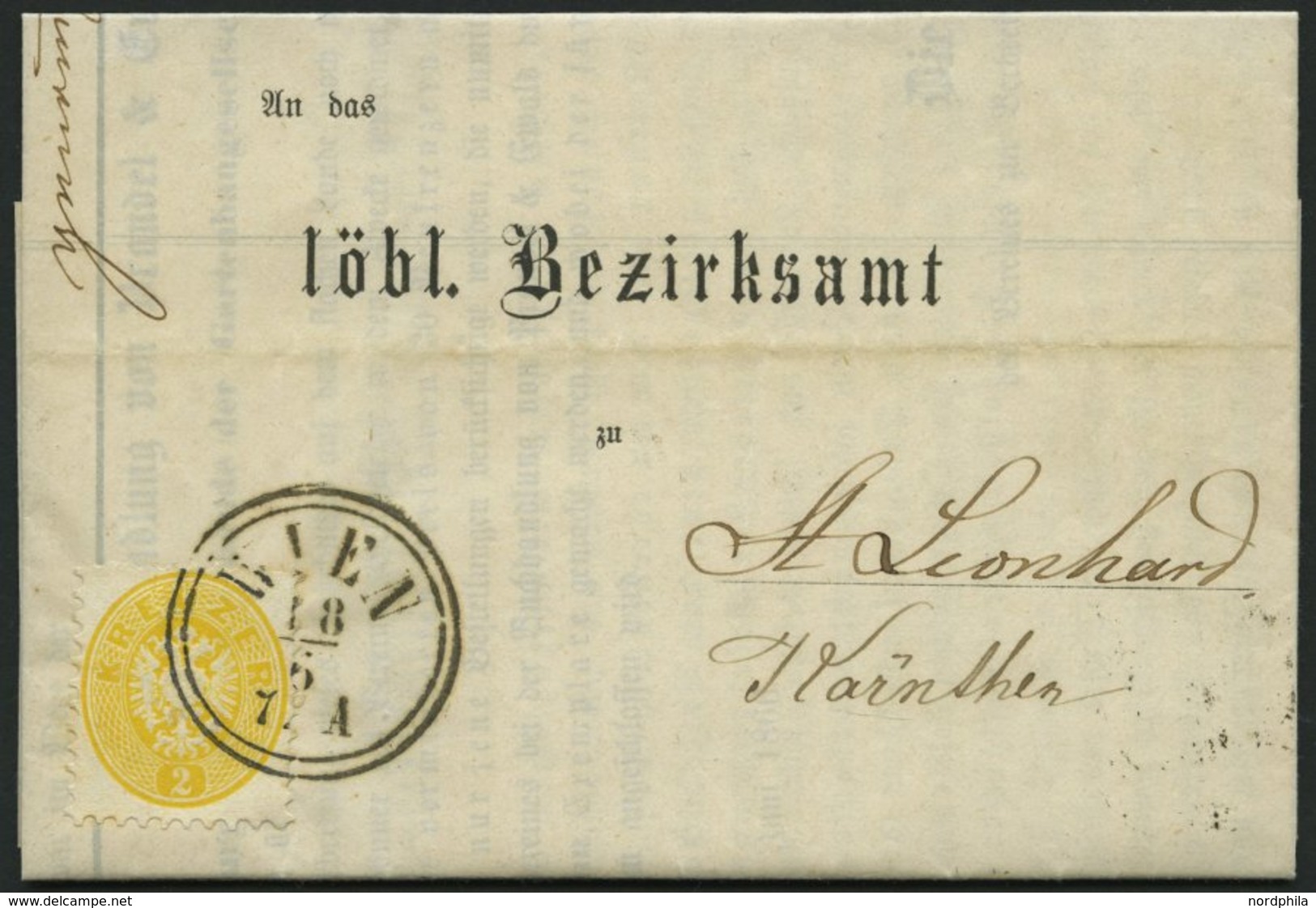 ÖSTERREICH 30 BRIEF, 1866, 2 Kr. Gelb Auf Drucksache Mit K2 WIEN Nach Kärnten, Pracht - Gebraucht