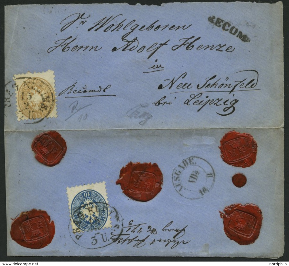 ÖSTERREICH 33/4 BRIEF, 1863, 10 Kr. Blau Und 15 Kr. Braun Auf Gesiegeltem Einschreibbrief Mit Ovalstempel PRAG KLEINS. N - Gebraucht