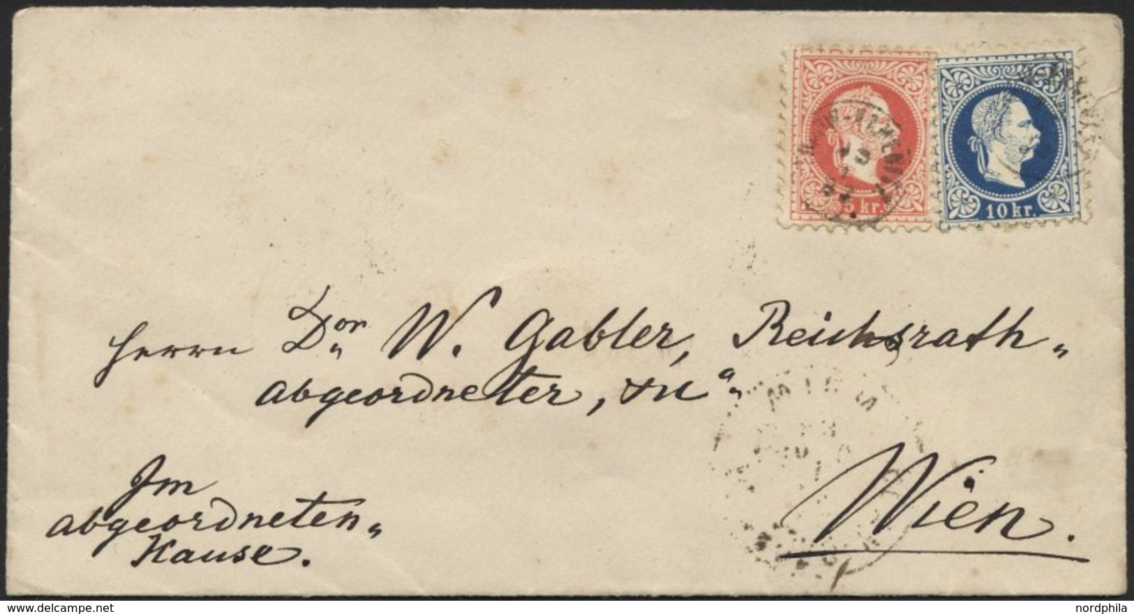 ÖSTERREICH 37/8II BRIEF, 1883, 5 Kr. Rot Und 10 Kr. Blau, Feiner Druck, Mit FingerhutstempelnTRHOW-KAMENITZ, U.a. Rückse - Gebraucht