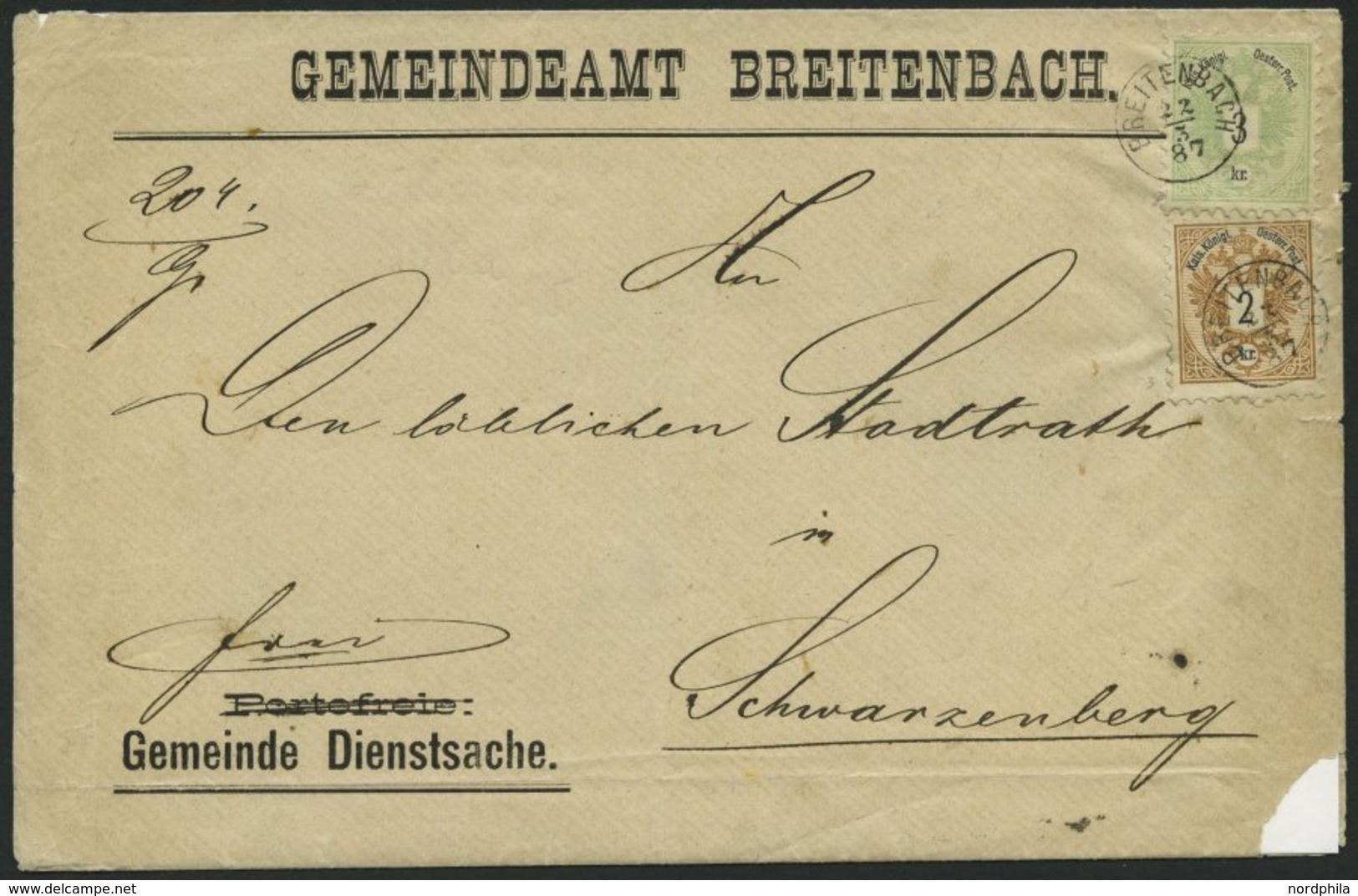 ÖSTERREICH 44/5 BRIEF, 1887, 2 Und 3 Kr. Doppeladler Auf Dienstsache Mit Fingerhut-K1 BREITENBACH, Feinst - Usati
