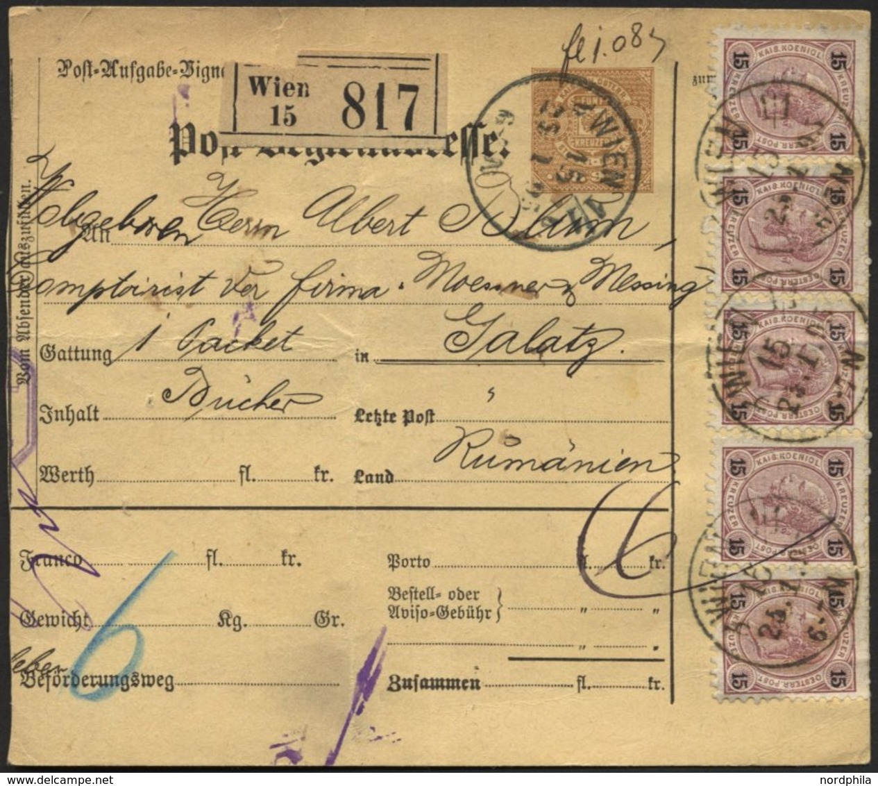 ÖSTERREICH 56 BRIEF, 1895, 15 Kr. Braunpurpur/schwarz, 7x (teils Rückseitig) Und 3 Kr. Zusatzfrankatur Auf 5 Kr. Post-Pa - Gebraucht