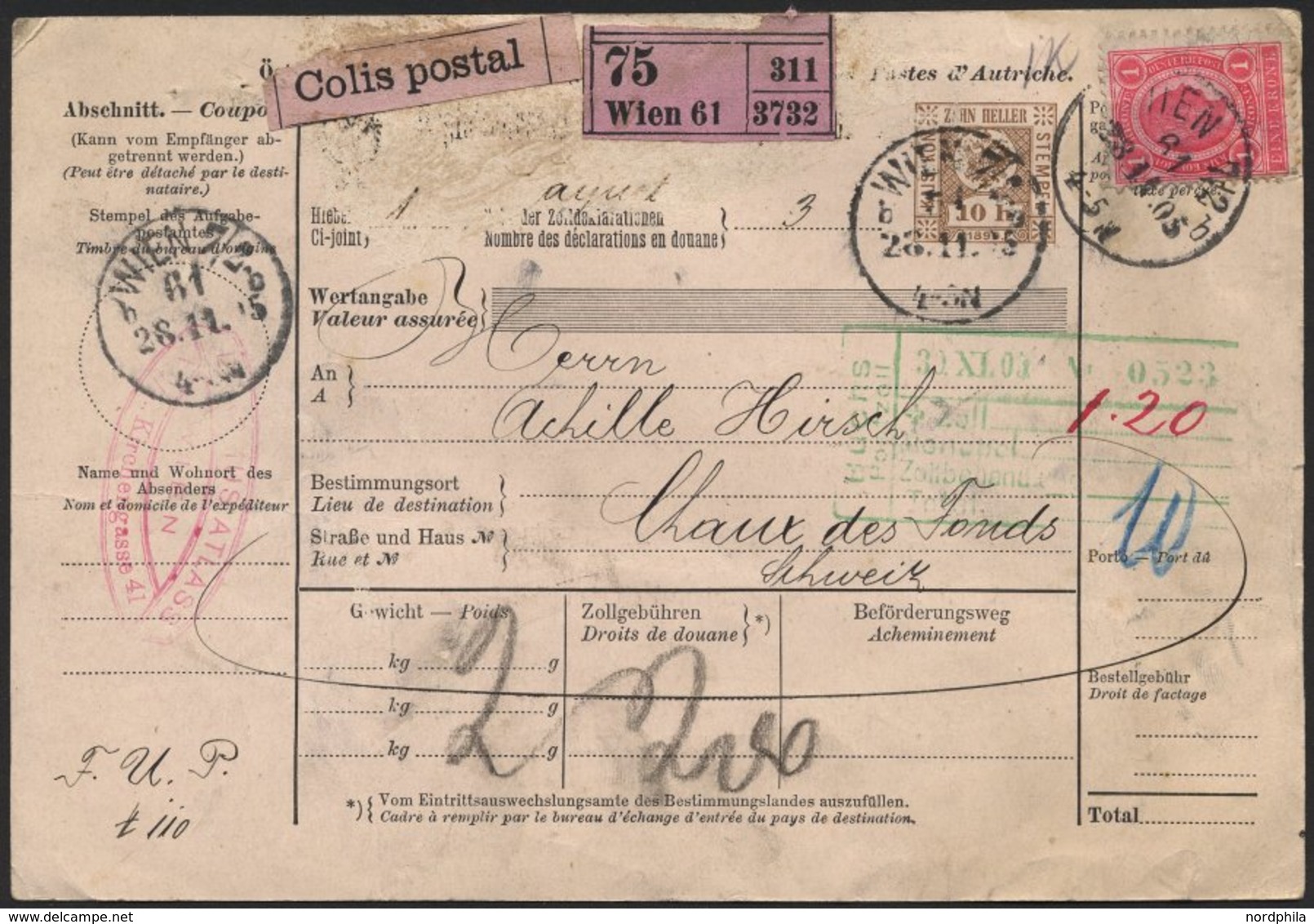 ÖSTERREICH 81 BRIEF, 1905, 10 H. Braun Paketkarte Mit 1 Kr. Rot Als Zusatzfrankatur Von Wien Nach Chaux Des Fonds/Schwei - Usati