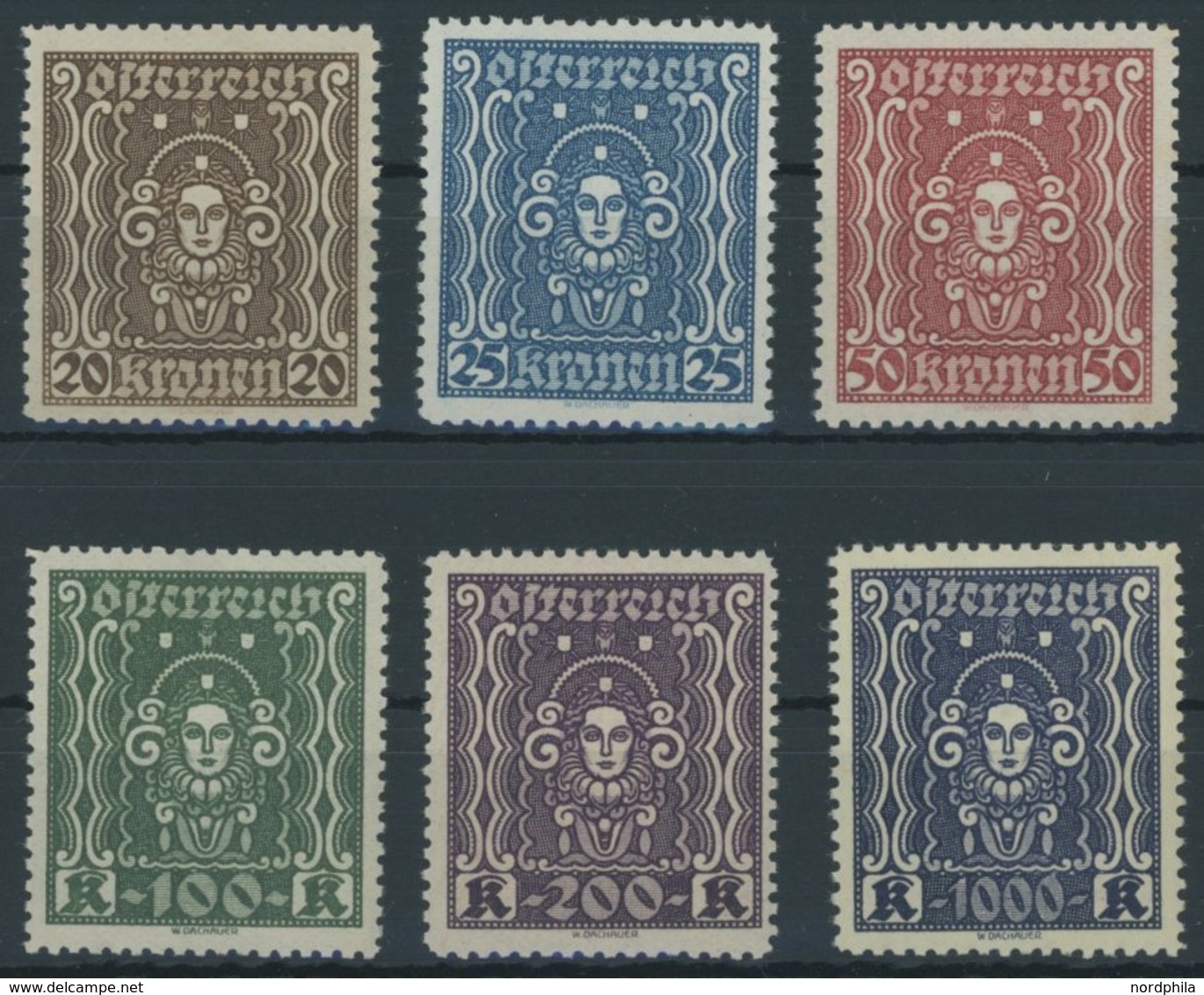 ÖSTERREICH 1918-1938 398-404B **, 1922, Frauenkopf, Gezähnt L 111/2, Postfrischer Prachtsatz (6 Werte), Mi. (650.-) - Autres & Non Classés