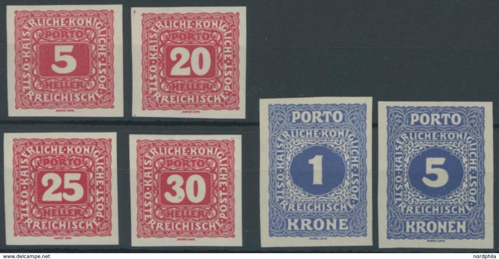 PORTOMARKEN P U *, 1916, Neue Ziffernzeichnung, 6 Ungezähnte Werte (Mi.Nr. 47,50-52,55/6U), Falzreste, Pracht - Segnatasse