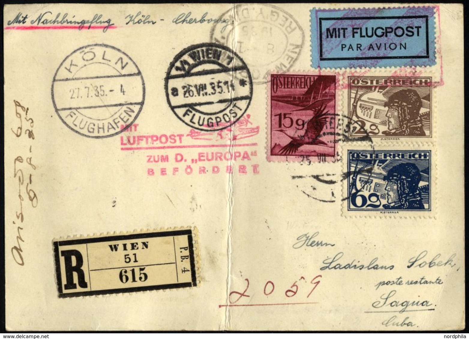 FLUGPOST BIS 1938 97 BRIEF, 27.7.1935, Mit Lufpost Zur EUROPA, Nachbringeflug Köln-Cherbourg, Ab Wien Mit österreichisch - Erst- U. Sonderflugbriefe