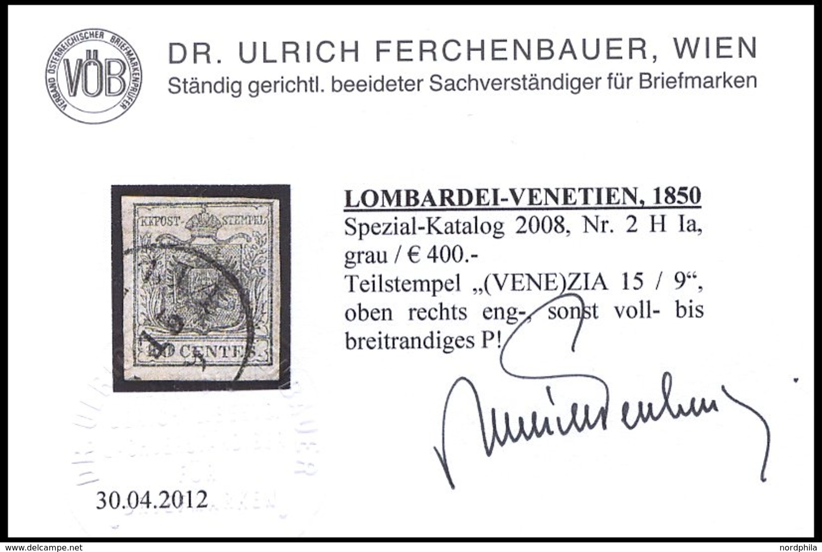 LOMBARDEI UND VENETIEN 2X O, 1850, 10 C. Schwarz, Handpapier, Type Ia, Pracht, Fotobefund Dr. Ferchenbauer, Handbuch EUR - Lombardo-Venetien