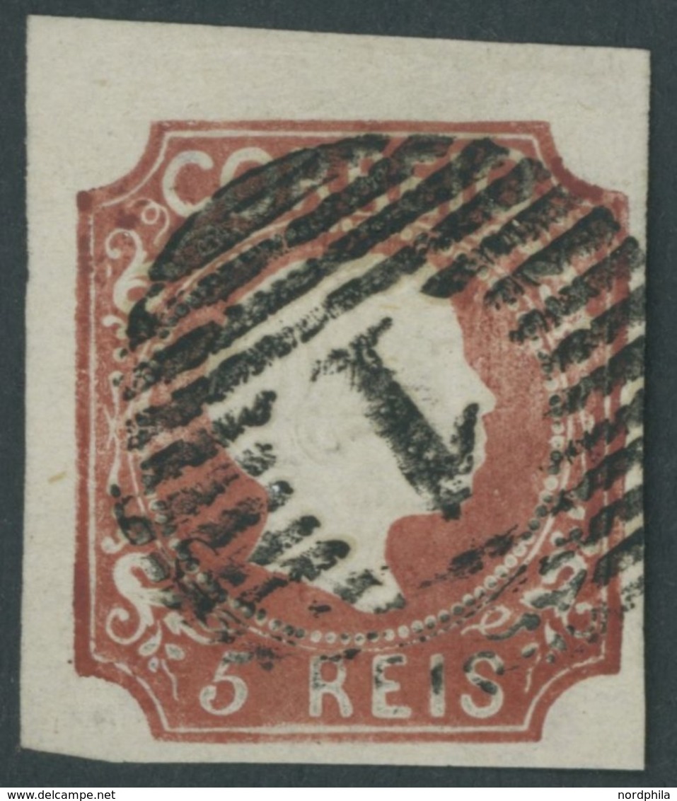 PORTUGAL 5 O, 1855, 5 R. Rotbraun, Glattes Haar, Nummernstempel 1, Farbfrisches Prachtstück, Signiert Thier, Mi. 1200.- - Altri & Non Classificati