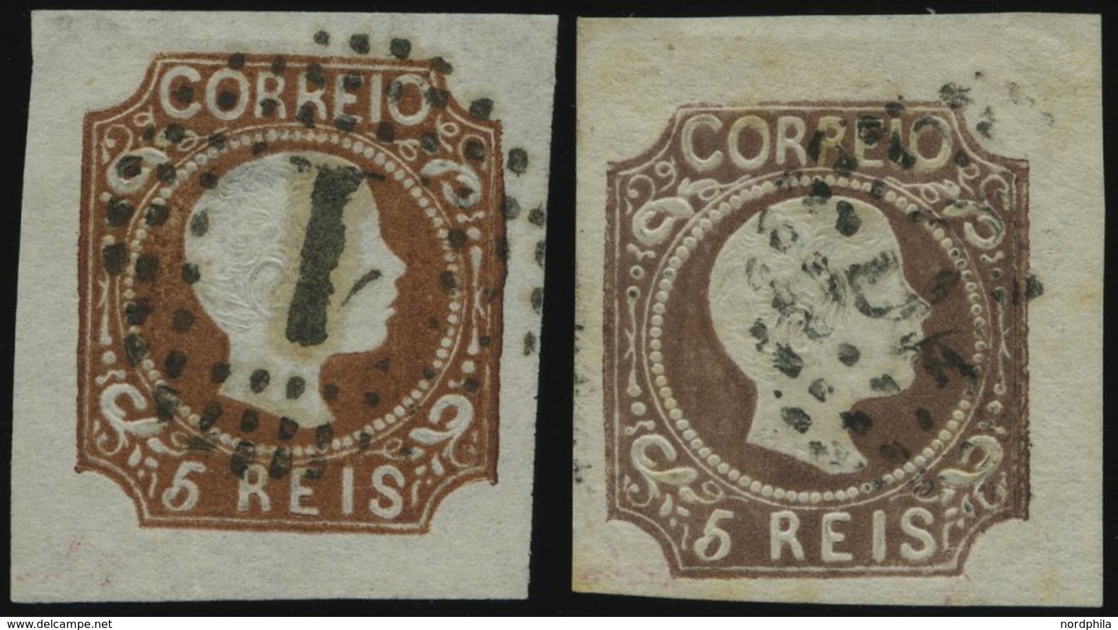 PORTUGAL 9b,c O, 1856, 5 R. Gelbbraun Und Schwarzbraun, 2 Breitrandige Prachtwerte, Gepr. Drahn, Mi. 320.- - Sonstige & Ohne Zuordnung