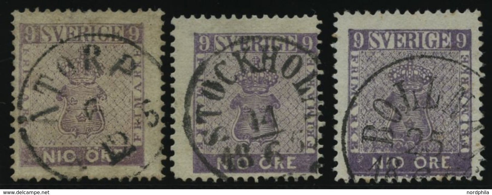 SCHWEDEN 8 O, 1858, 9 Ö. Violett, 3 Werte In Farbnuancen, Unterschiedliche Erhaltung - Oblitérés