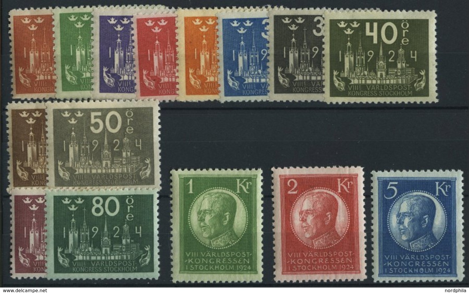 SCHWEDEN 144-58 *, 1924, Weltpostkongreß, Falzreste, Prachtsatz, Facit 4800.- Skr. - Usati