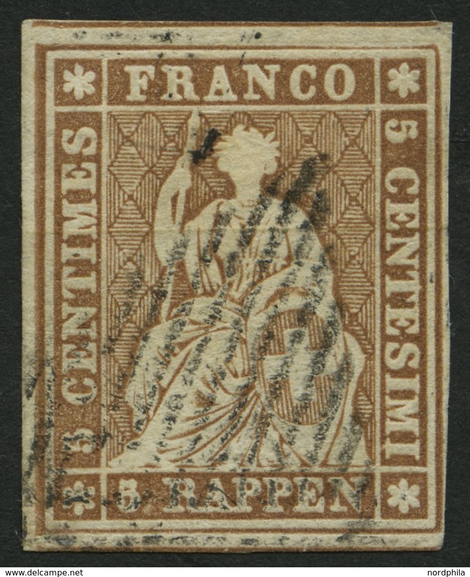 SCHWEIZ BUNDESPOST 13IIAyn O, 1855, 5 Rp. Braun, Gelber Seidenfaden, Berner Druck II, (Zst. 22C), Allseits Breitrandig K - Sonstige & Ohne Zuordnung