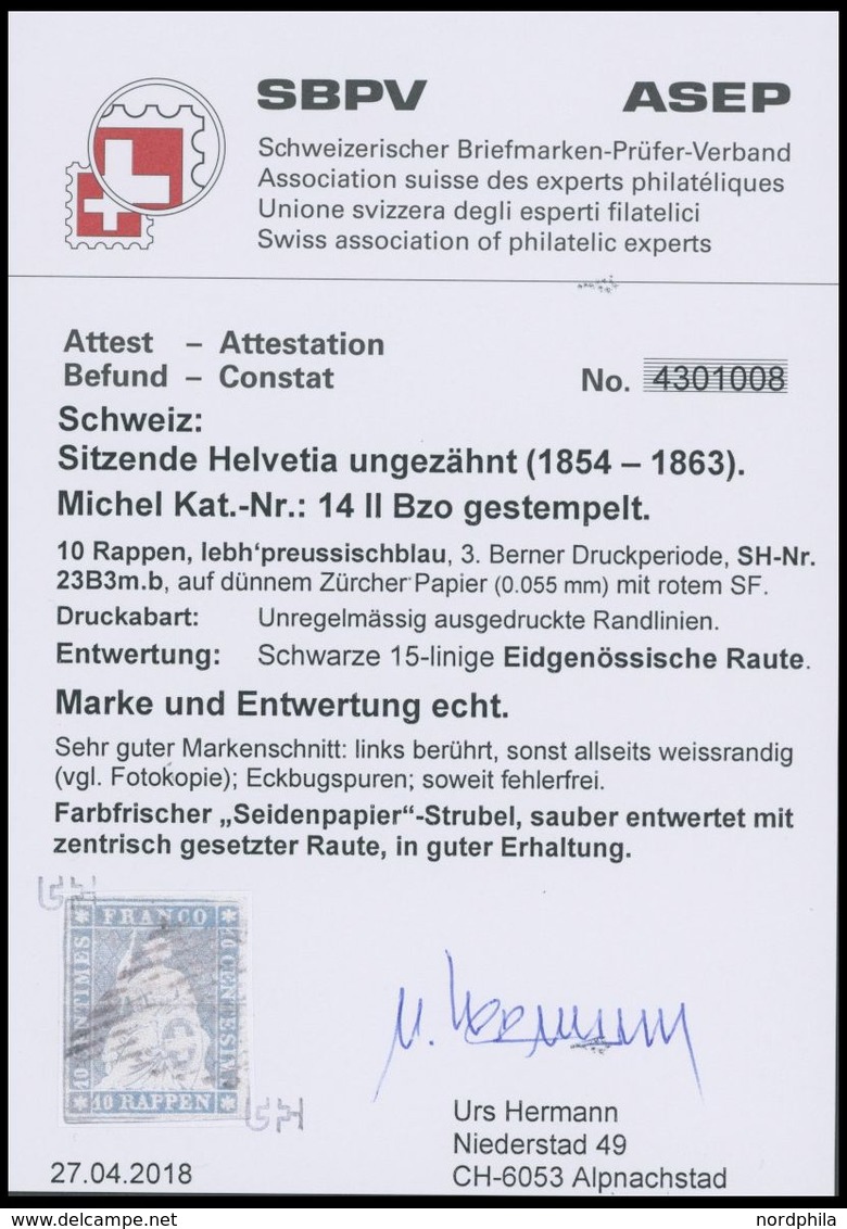 SCHWEIZ BUNDESPOST 14IIBzo O, 1856, 10 Rp. Grünlichblau, Seidenpapier, Berner Druck II, (Zst. 23E), Links Berührt, Eckbu - Sonstige & Ohne Zuordnung