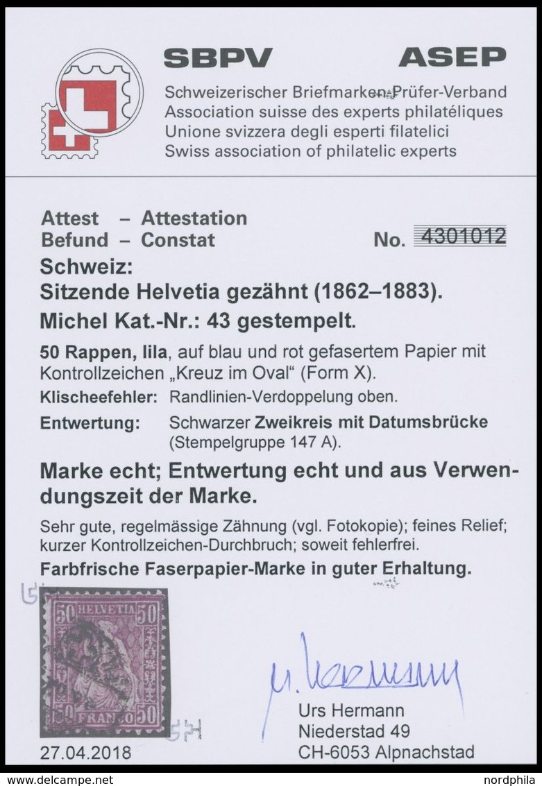 SCHWEIZ BUNDESPOST 43 O, 1881, 50 C. Lila, Faserpapier, Feinst, Fotobefund Hermann, Mi. 450.- - Sonstige & Ohne Zuordnung