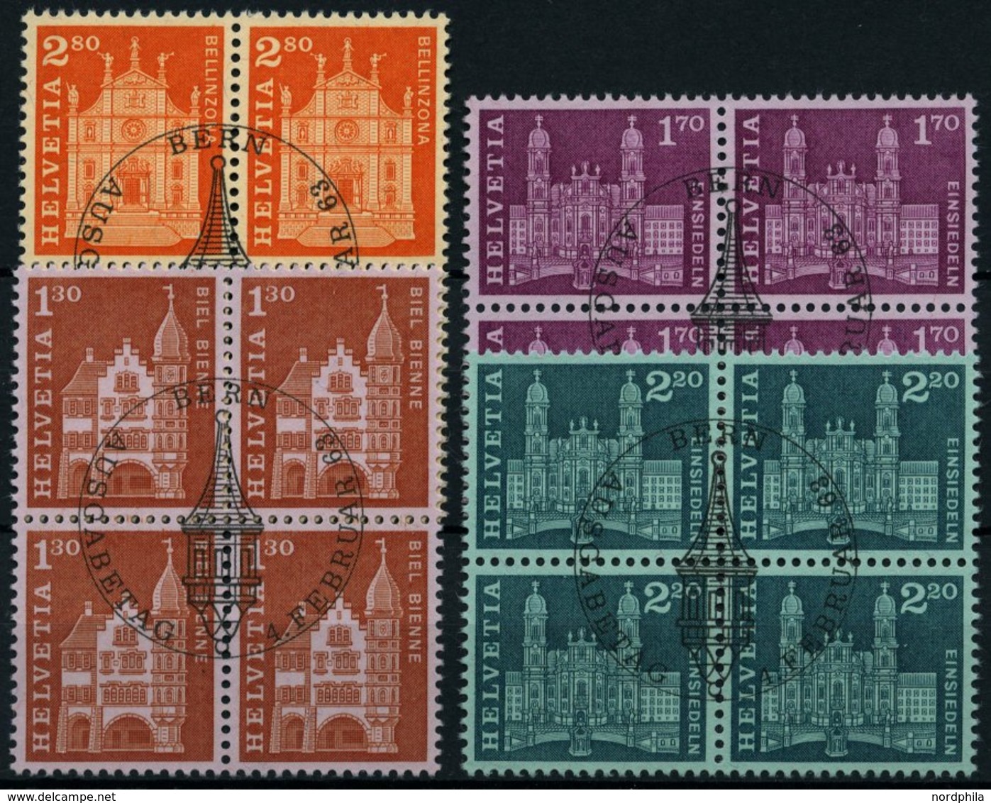 SCHWEIZ BUNDESPOST 764-67 VB O, 1963, Postgeschichtliche Motive Und Baudenkmäler In Viererblocks Mit Zentrischen Ersttag - Sonstige & Ohne Zuordnung