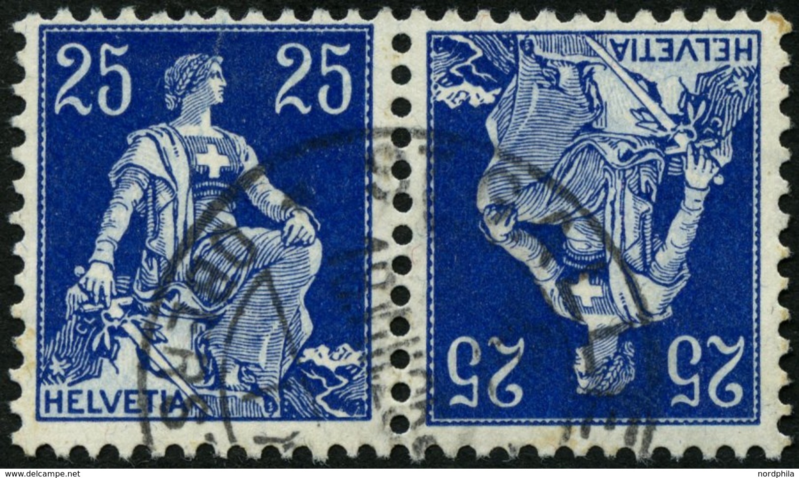 ZUSAMMENDRUCKE K 3 O, 1909, Helvetia Kehrdruck 25 + 25, Pracht, Mi. 160.- - Se-Tenant