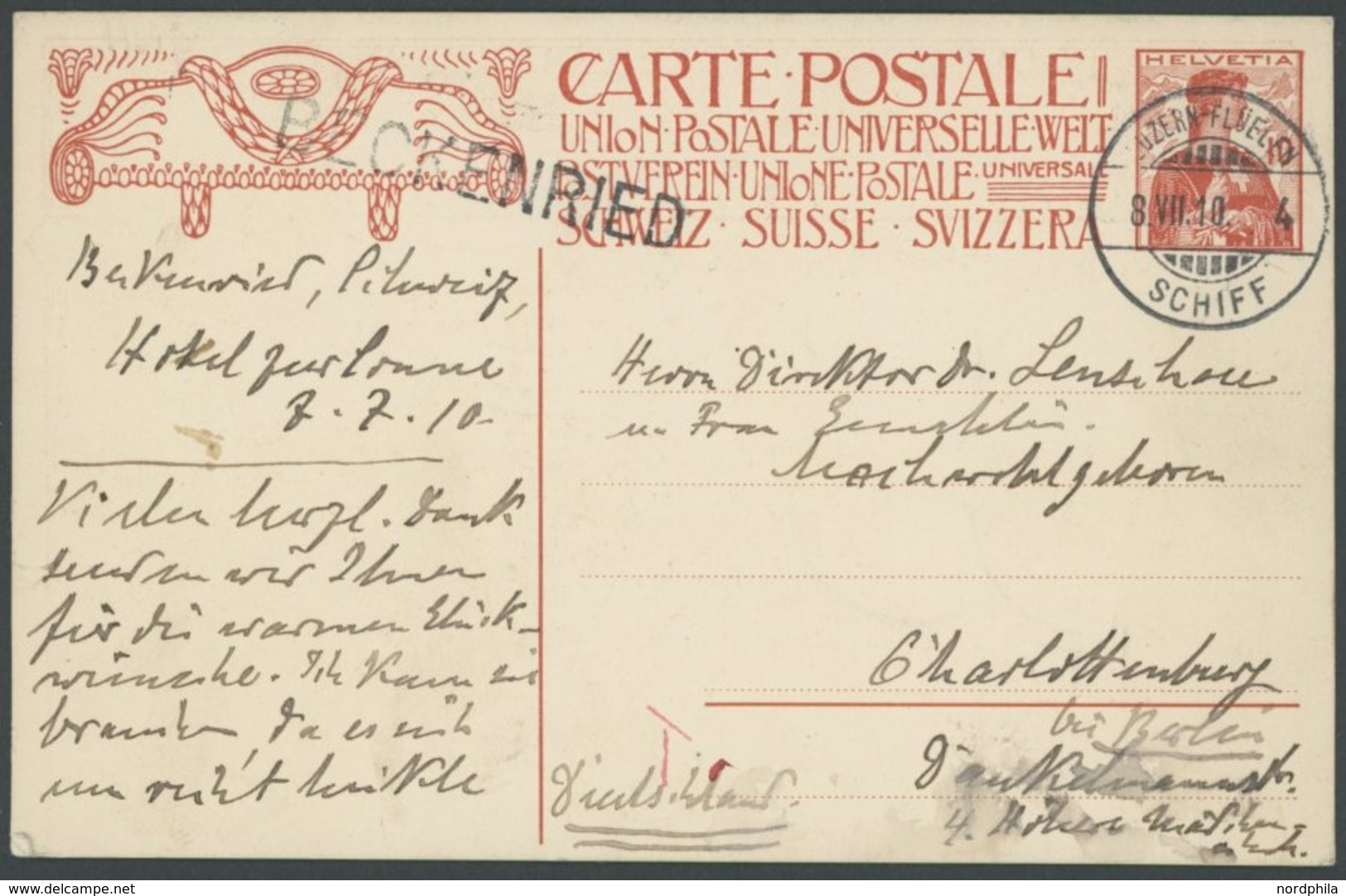 1910, 10 C. Ganzsachenkarte Mit Stempeln LUZERN-FLÜELEN SCHIFF Und L1 BECKENRIED, Pracht -> Automatically Generated Tran - Entiers Postaux