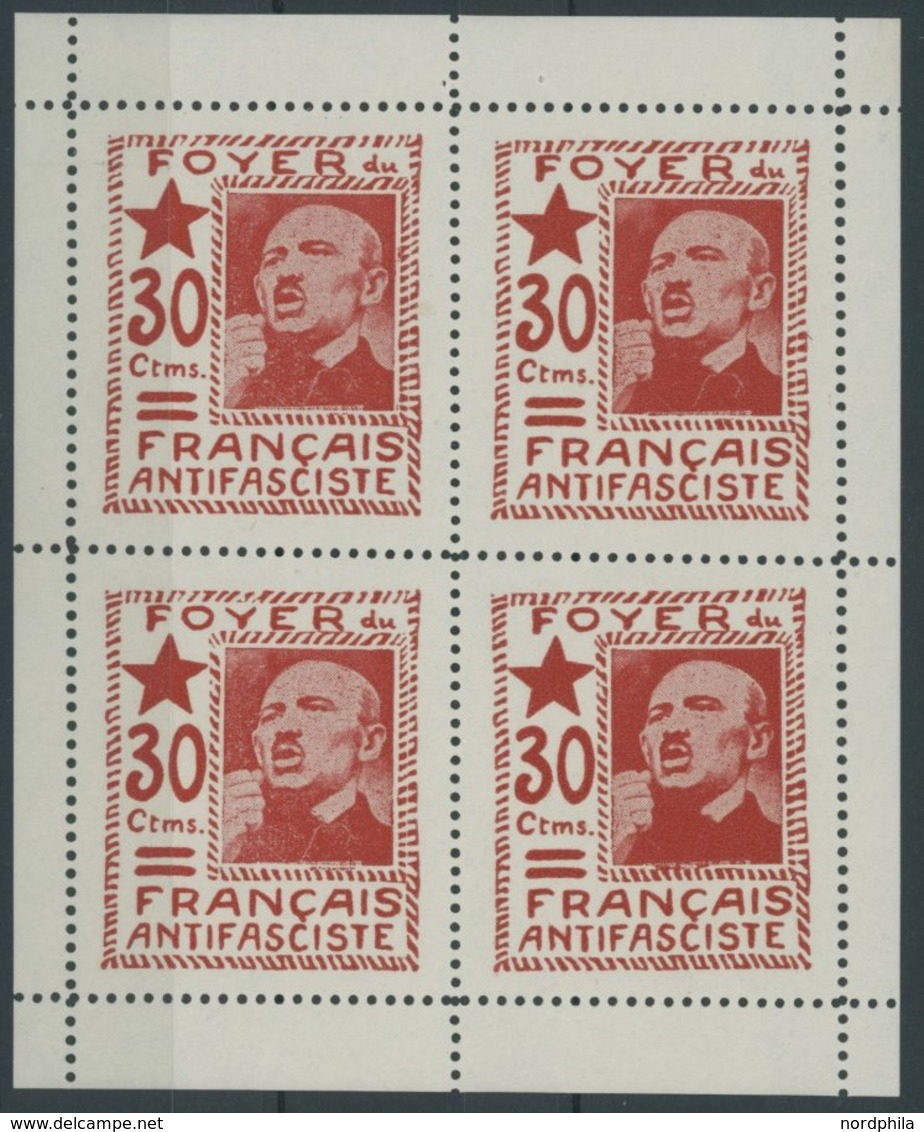 1937, 30 C. Rot Foyer Du Français Antifascite Im Postfrischen Kleinbogen (4), Pracht -> Automatically Generated Translat - Sonstige & Ohne Zuordnung