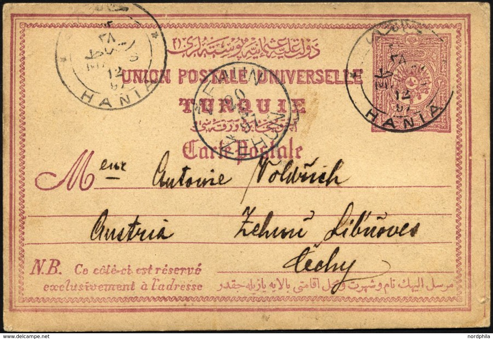 TÜRKEI 1897, Türkische Ganzsachenkarte Eines Tschechischen Soldaten über Die Postämter Hania Und Kehun Nach Österreich,  - Autres & Non Classés