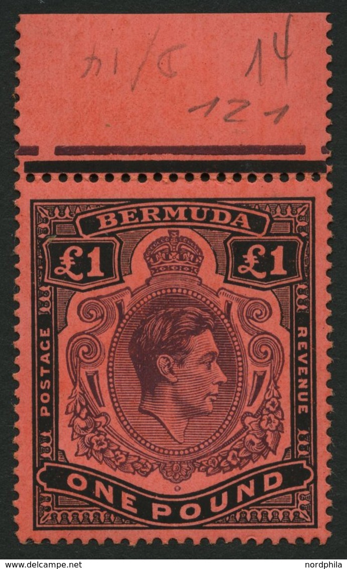 BERMUDA-INSELN 116a **, 1938, 1 £ Schwarz/purpur Auf Rot, Gezähnt 14 (SG 121), Postfrisch, Pracht - Bermudes