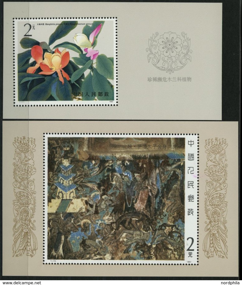 CHINA - VOLKSREPUBLIK Bl. 37,40 **, 1986/7, Block Blumen Und Wandmalereien, 2 Prachtblocks, Mi. 60.- - Ungebraucht