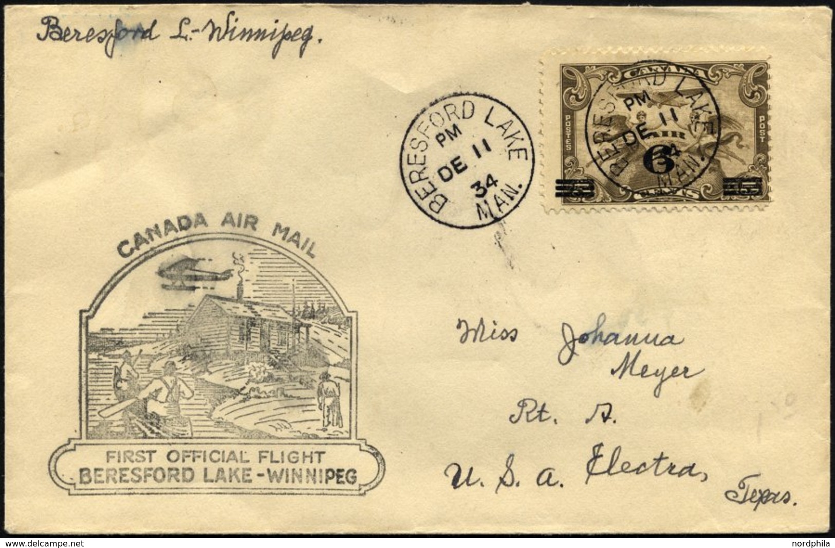 KANADA 169 BRIEF, 11.12.1934, Erstflug BERESFORD LAKE-WINNIPEG, Prachtbrief, Müller 261a - Poste Aérienne