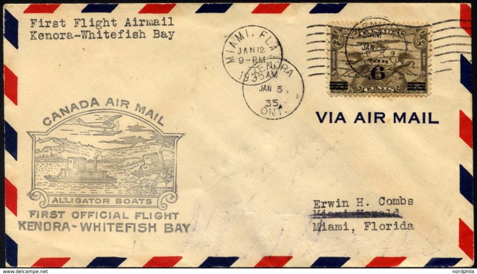 KANADA 264 BRIEF, 5.1.1935, Erstflug KENORA-WHITEFISH BAY, Brief Feinst, Müller 264 - Luftpost