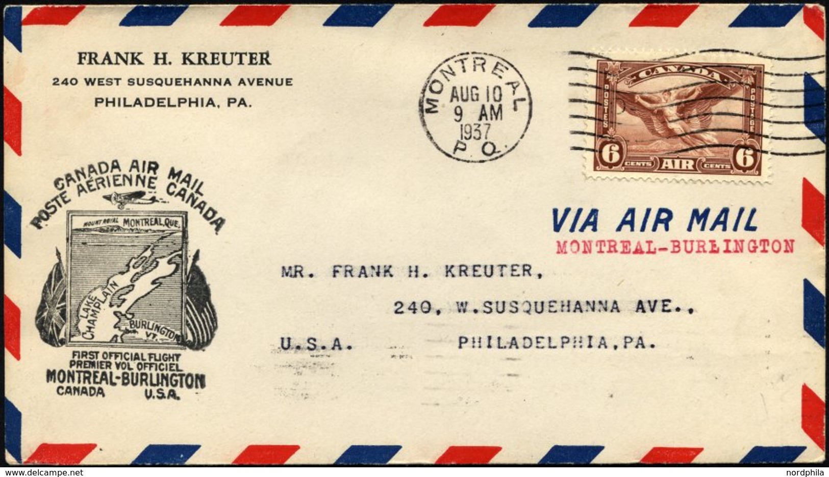 KANADA 196 BRIEF, 10.8.1937, Erstflug MONTREAL-BURLINGTON (USA), Prachtbrief, Müller 300 - Luftpost