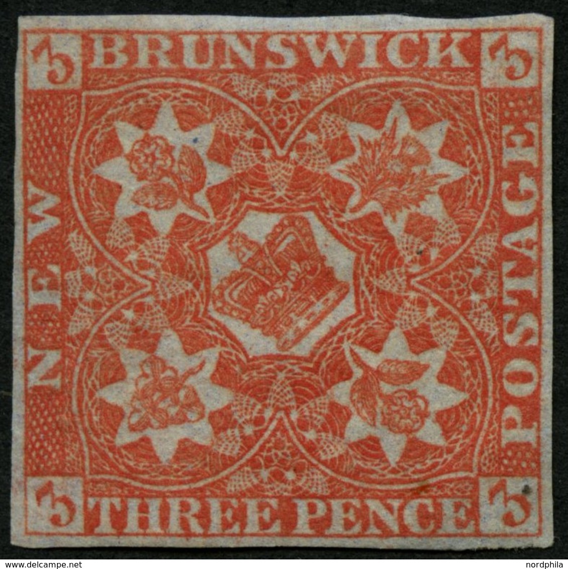 KANADA - NEUBRAUNSCHWEIG 1 *, 1851, 3 P. Rot, Falzrest, Vollrandiges Farbfrisches Prachtstück, Mi. 2800.- - Gebraucht