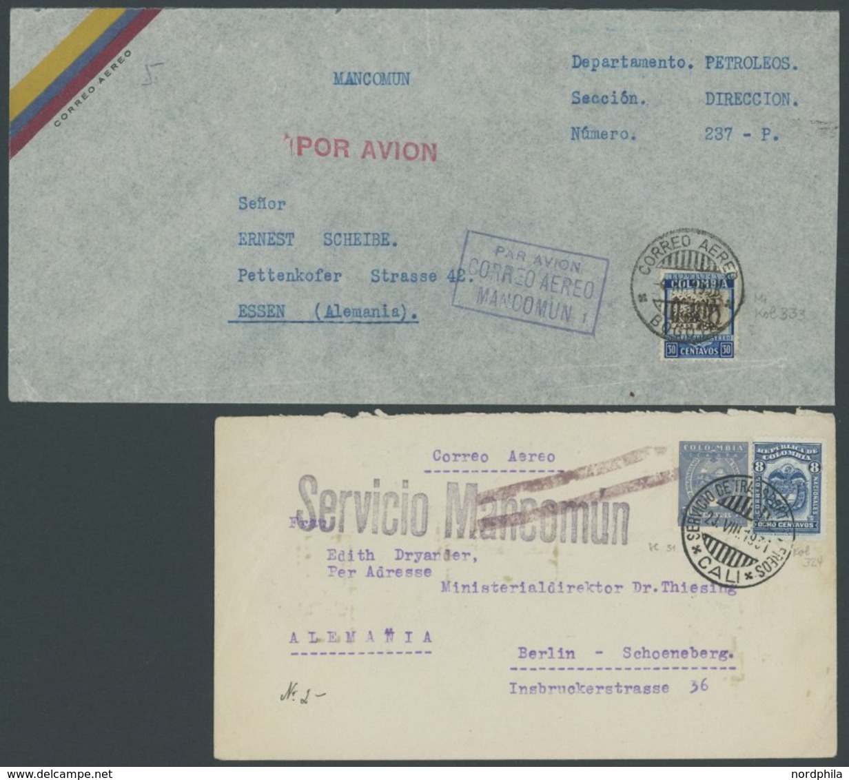 1931/38, L1 SERVICIO MANCOMUN Und R3 PAR AVION CORREO AEREO MANCOMUN, Je Auf Flugpostbrief Nach Deutschland, Feinst -> A - Kolumbien