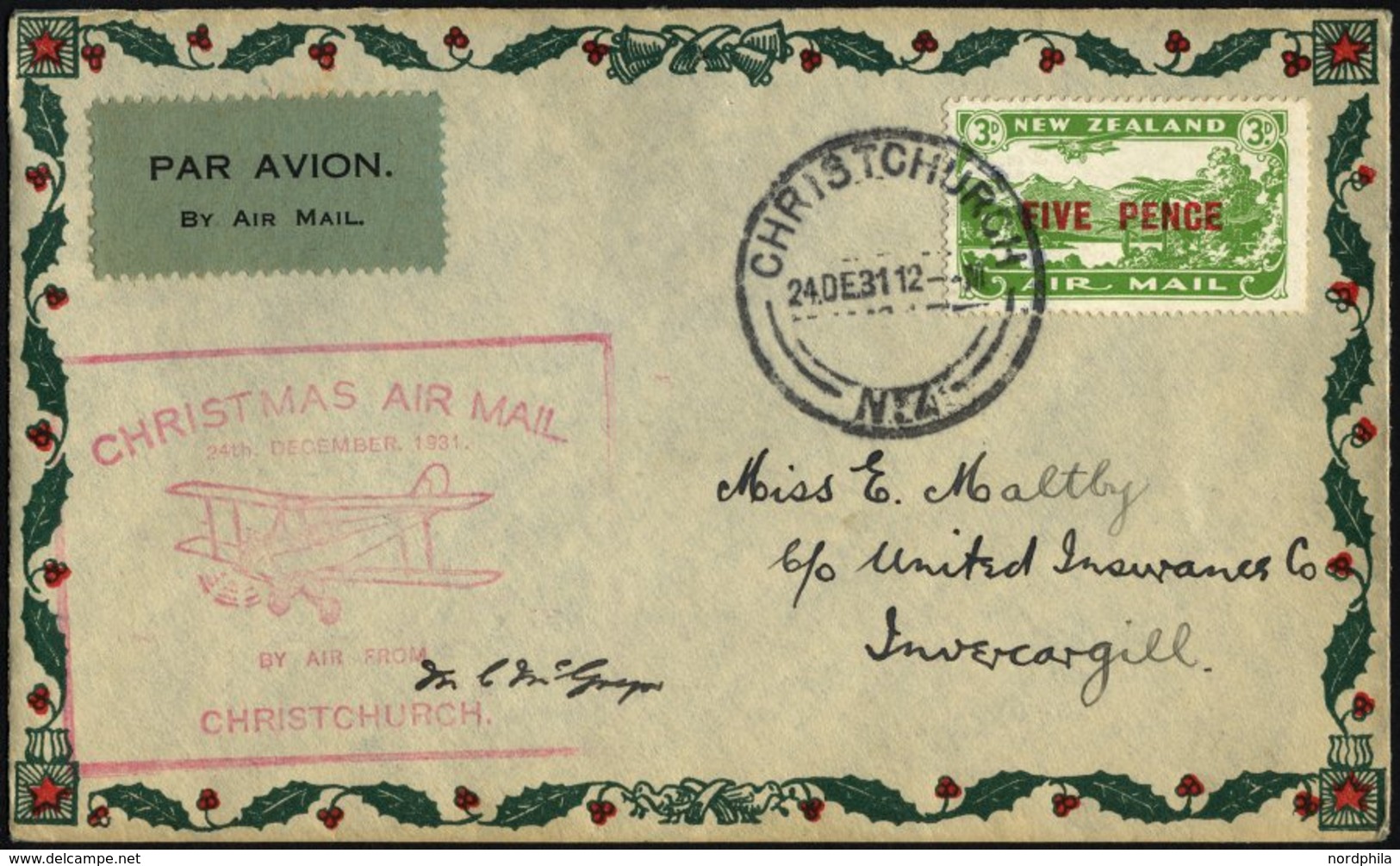 NEUSEELAND 184931122495 BRIEF, 24.12.1931, 5 P. Auf Weihnachtssonderflug CHRISTCHURCH-INERCARGILL, Weihnachtsbrief Mit P - Andere & Zonder Classificatie