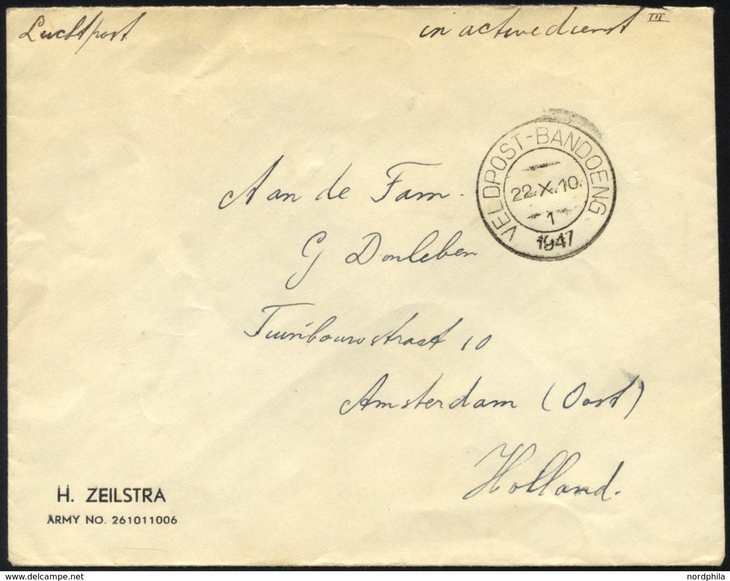 NIEDERLÄNDISCH-INDIEN 1947, K2 VELDPOST BANDOENG/1/1947 Und Handschriftlicher Vermerk In Active Dienst Auf Luft-Feldpost - Niederländisch-Indien