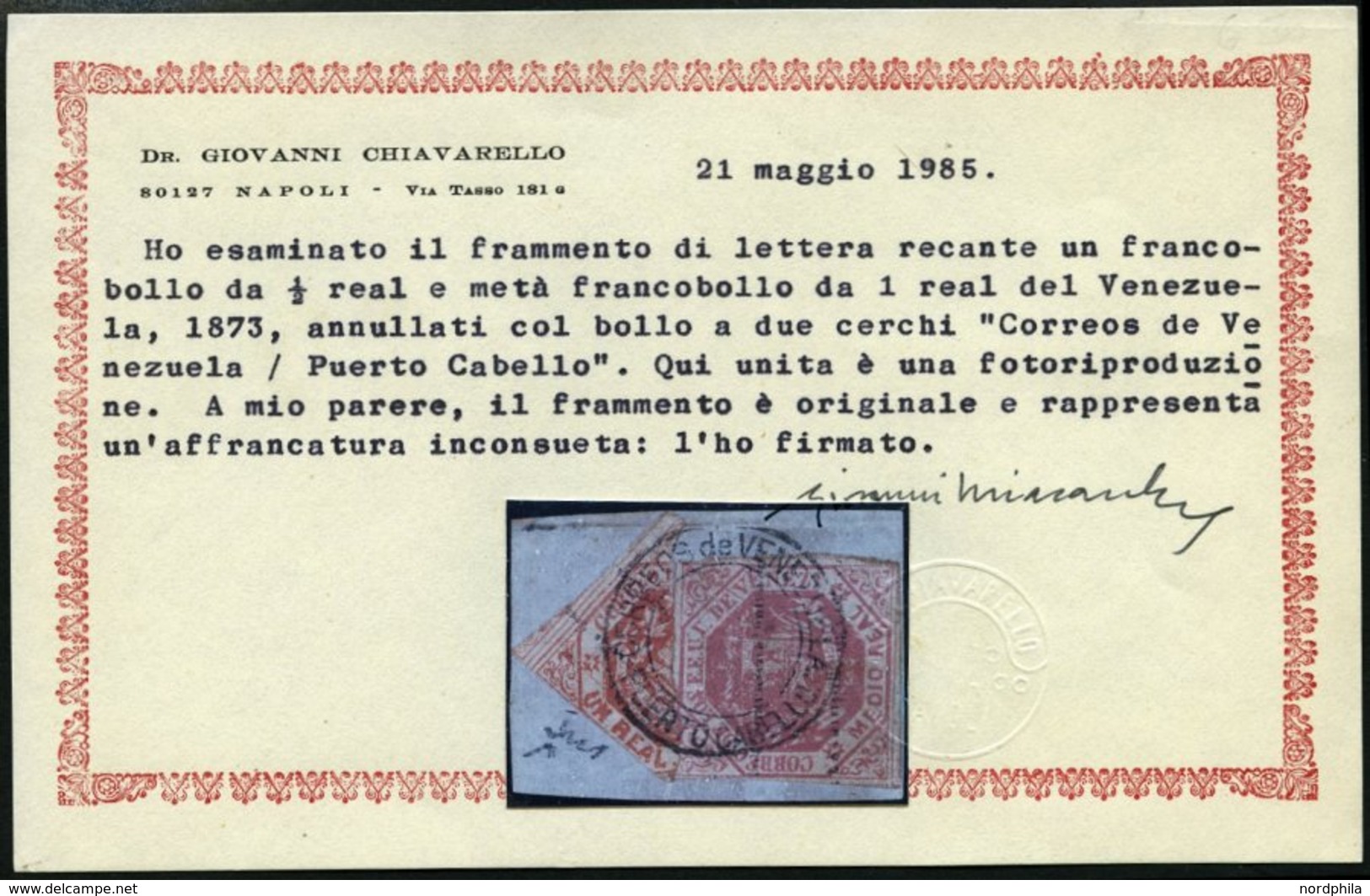 VENEZUELA 20,21H BrfStk, 1873, 1 R. Rot, Diagonal Halbiert Und 1/2 R. Lilarosa, üblich Gerandet Auf Briefstück, K2 PUERT - Venezuela