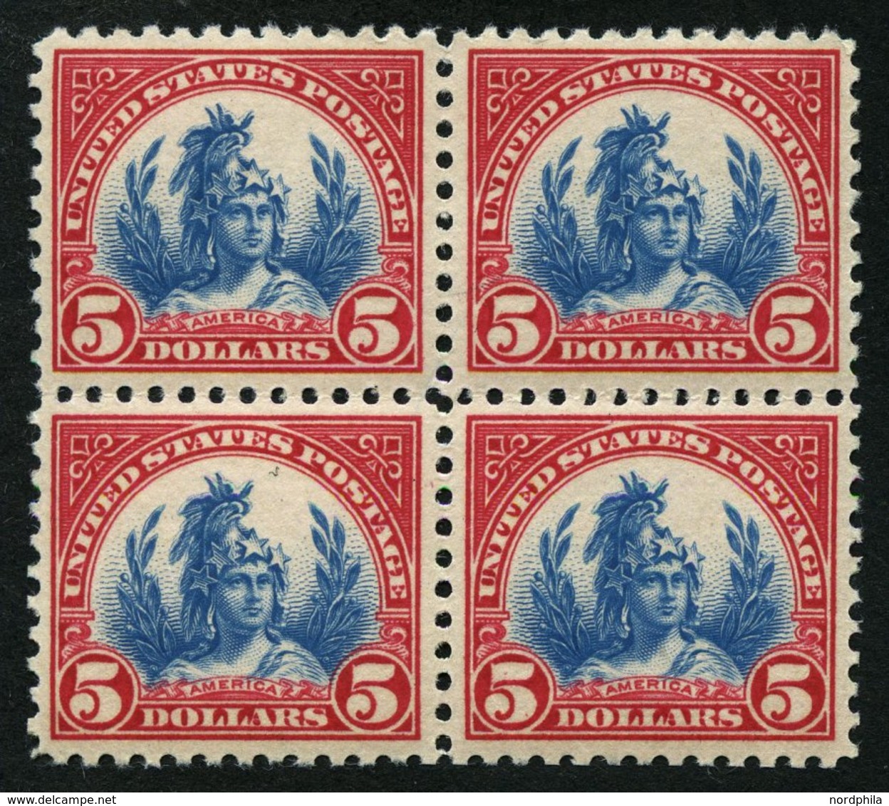USA 285a VB **, Scott 573, 1923, 5 $ Karmin/blau Allegorie Amerika Im Postfrischen Viererblock, Pracht - Oblitérés