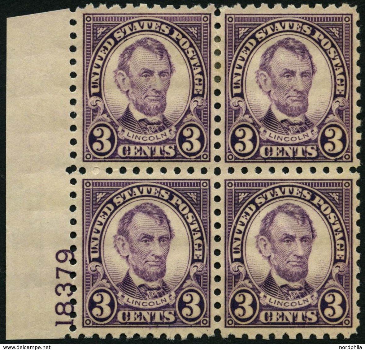 USA 264C VB **,* , Scott 584, 1925, 3 C. Lincoln, Gezähnt L 10, Im Plattenviererblock, Die Beiden Unteren Werte Postfris - Gebraucht