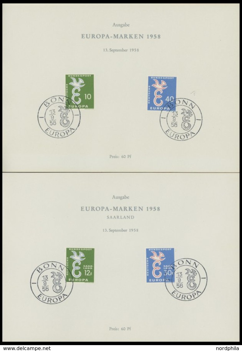 SLG., LOTS DEUTSCHLAND 1958 Europa, Bundesrepublik Mi.Nr. 295/6 Und Saarland 439/40 Je Auf Sonderblatt Mit Sonderstempel - Collections