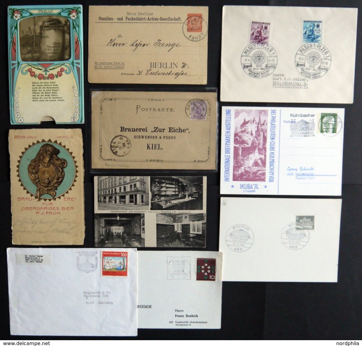 1884-1992, Bier-Thematik, 9 Verschiedene Belege, Dabei U.a. Postkartenvorläufer, Jugendstil-Ziehkarte Etc. Pracht -> Aut - Ohne Zuordnung