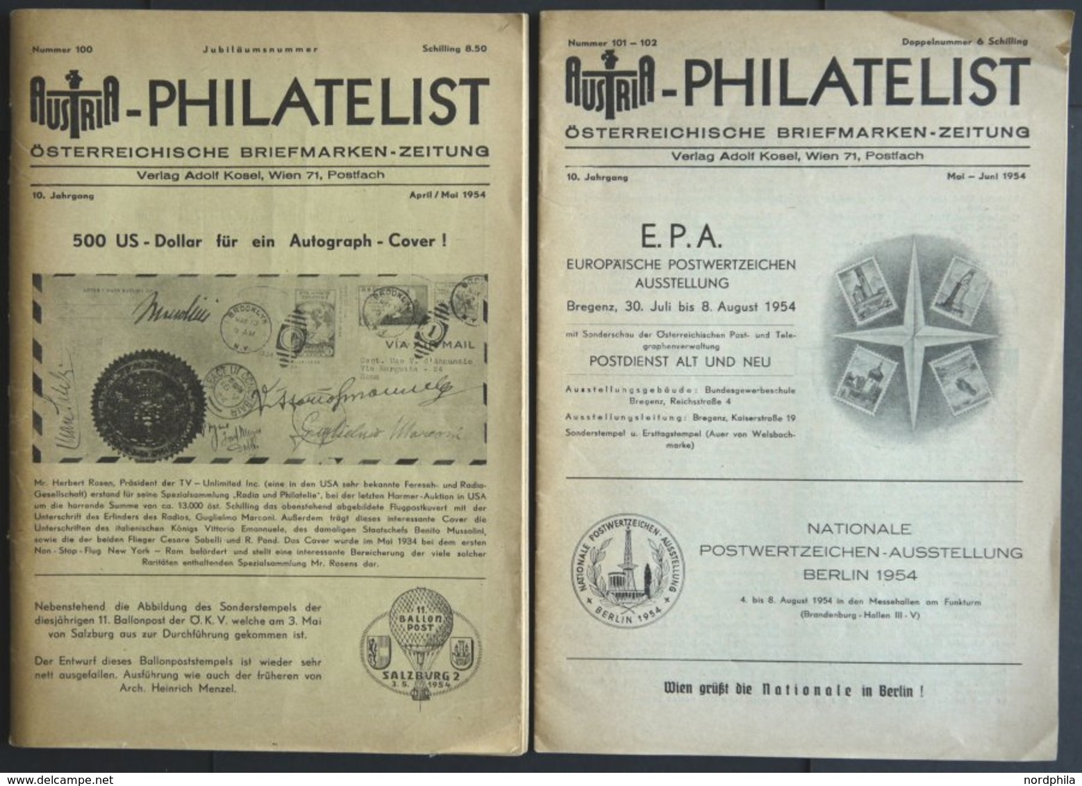 PHIL. LITERATUR Austria-Philatelist, 2 Hefte Nr. 100 Und 101-102, April/Mai Und Mai-Juni 1954, Adolf Kosel Verlag, Mit V - Filatelia E Storia Postale