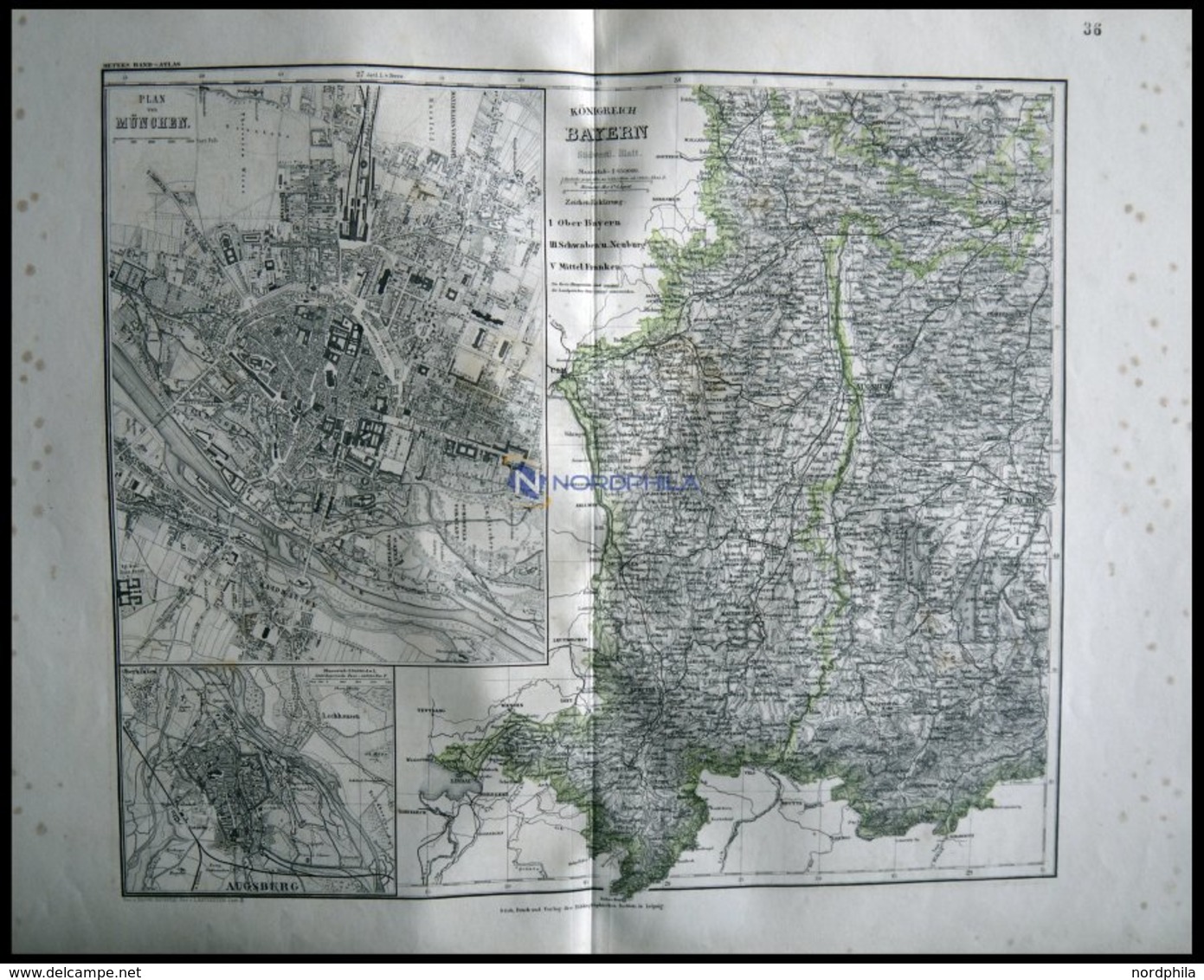 Generalkarte, Der Südwestliche Teil, Mit Grundrißplänen Von München Und Augsburg, Grenzkolorierter Stahlstich Aus Meyers - Sonstige & Ohne Zuordnung