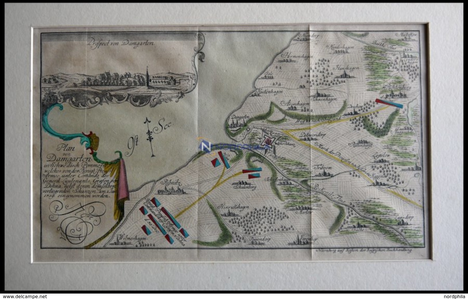 DAMGARTEN, Festungsplan Und Gesamtansicht Auf Einem Blatt, Altkolorierter Kupferstich Bei Raspische Buchhandlung 1760 - Lithographies