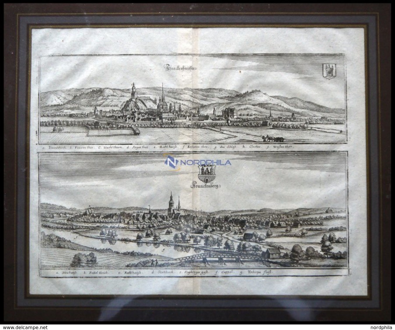 FRANKENHAUSEN Und FRANKENBERG, 2 Gesamtansichten Auf Einem Blatt, Kupferstich Von Merian Um 1645 - Lithographien