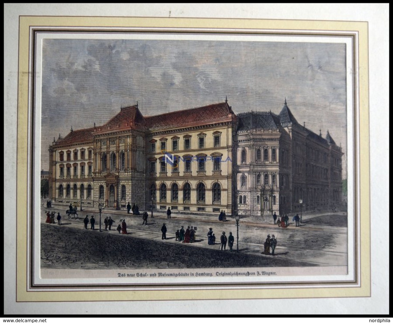 HAMBURG: Das Neue Schul-u. Museumsgebäude, Kolorierter Holzstich Von Wagner Um 1880 - Lithographien