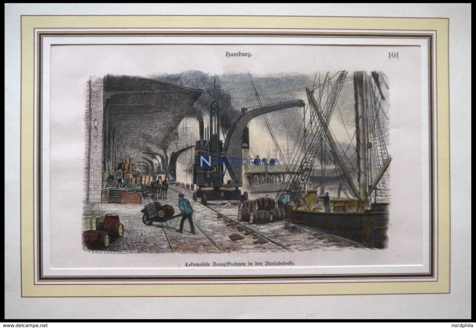 HAMBURG: Lokomobile Dampfkrahnen In Den Ausladedocks, Kolorierter Holzstich Von 1881 - Lithografieën