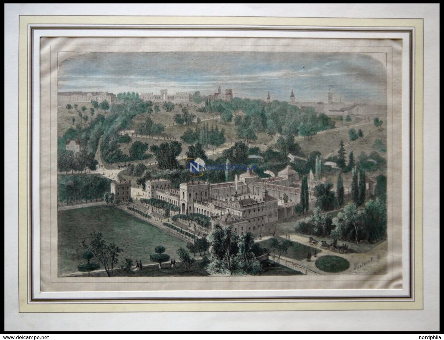 KASSEL: Das Orangerieschloß Mit Der Industrieausstellungshalle, Kolorierter Holzstich Um 1880 - Lithographien