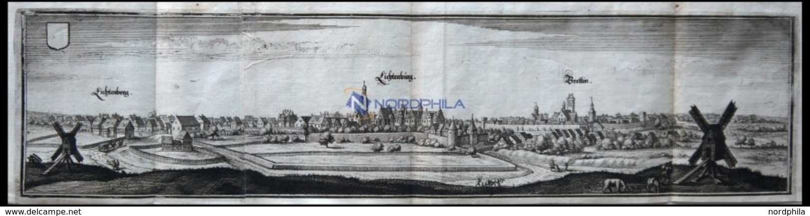 LICHTENBURG, Gesamtansicht Mit Brettin Und Lichtenberg, Kupferstich Von Merian Um 1645 - Lithographien