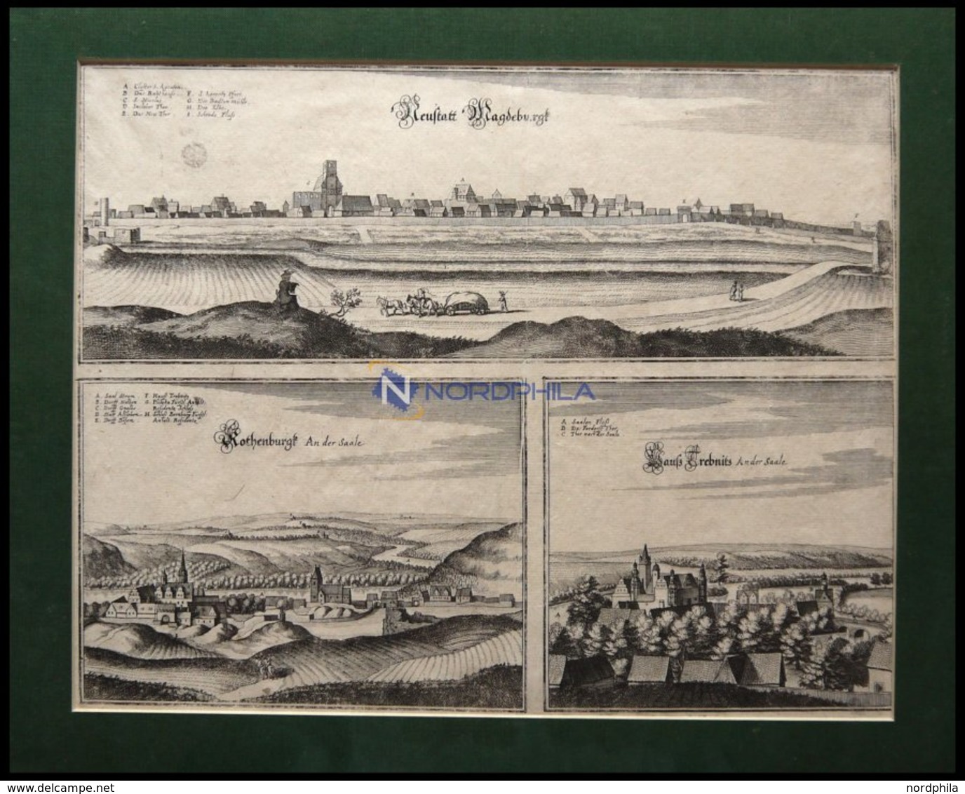 MAGDEBURG, ROTHENBURG/SAALE Und TREBNITZ/SAALE, 3 Gesamtansichten Auf Einem Blatt, Kupferstich Von Merian Um 1645 - Lithographien