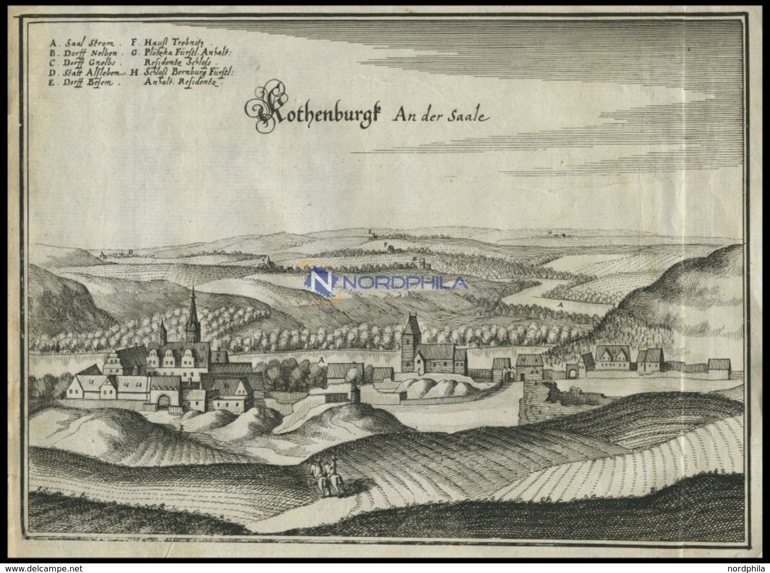 ROTHENBURG An Der SAALE, Gesamtansicht, Kupferstich Von Merian Um 1645 - Lithographien