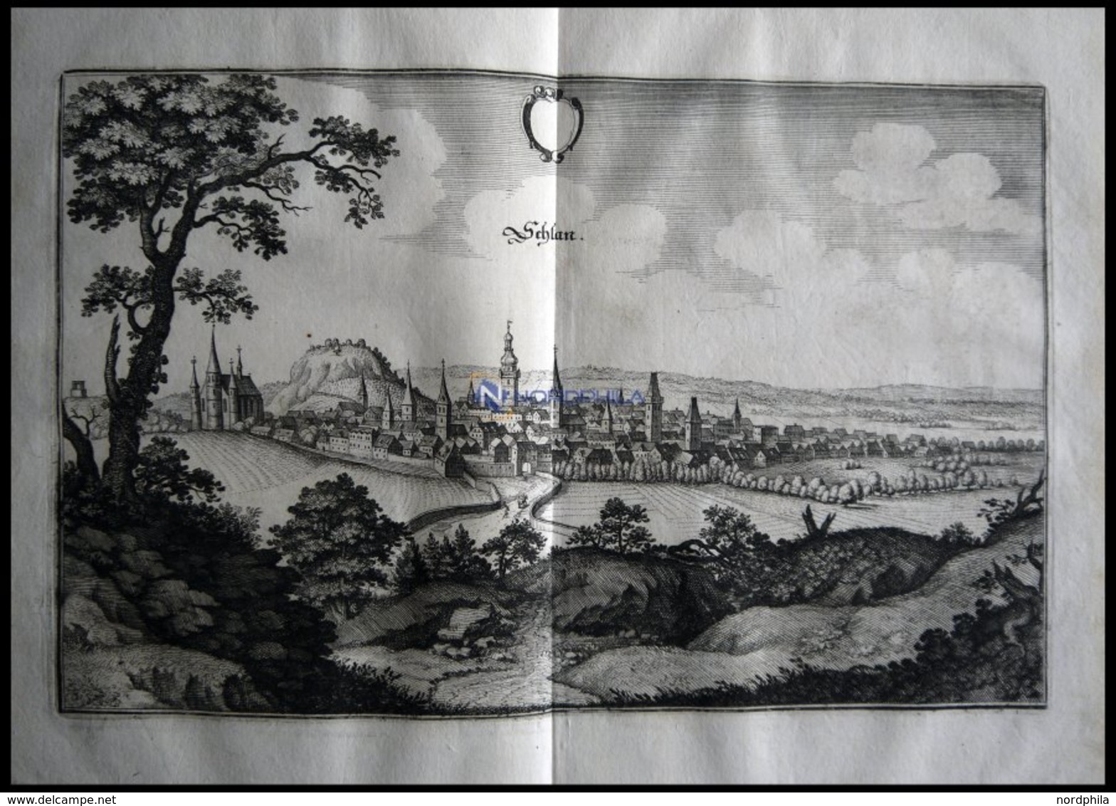 SCHLAN/BÖHMEN, Hübsche Ansicht Auf Die Stadt, Kupferstich Von Merian Um 1645 - Lithographien